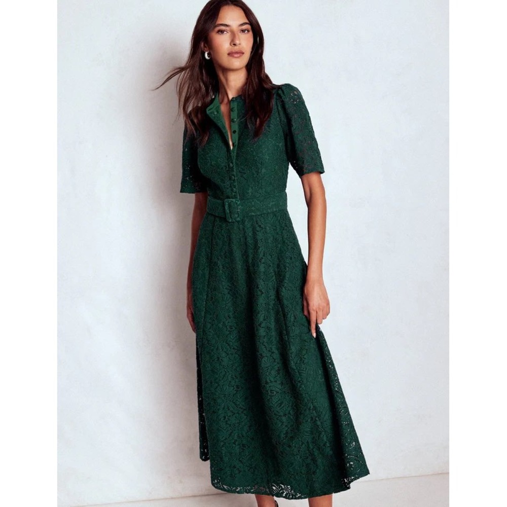 Boden Kate Puff Sleeve Lace Dress Dark Green Midi Dress size 8 New With Tags - Picture 2 of 6